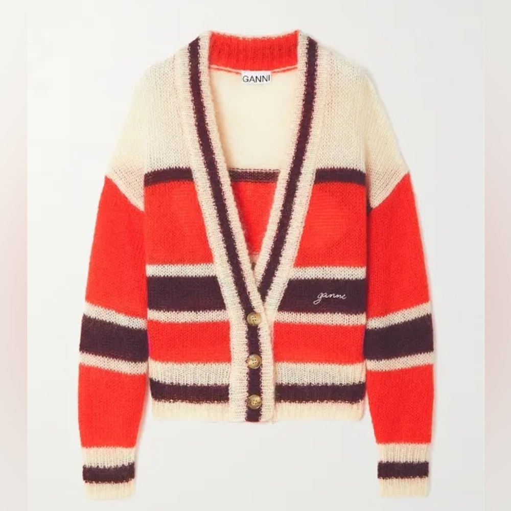 GANNI mohair cardigan red stripe low v neck varsity style drop shoulder